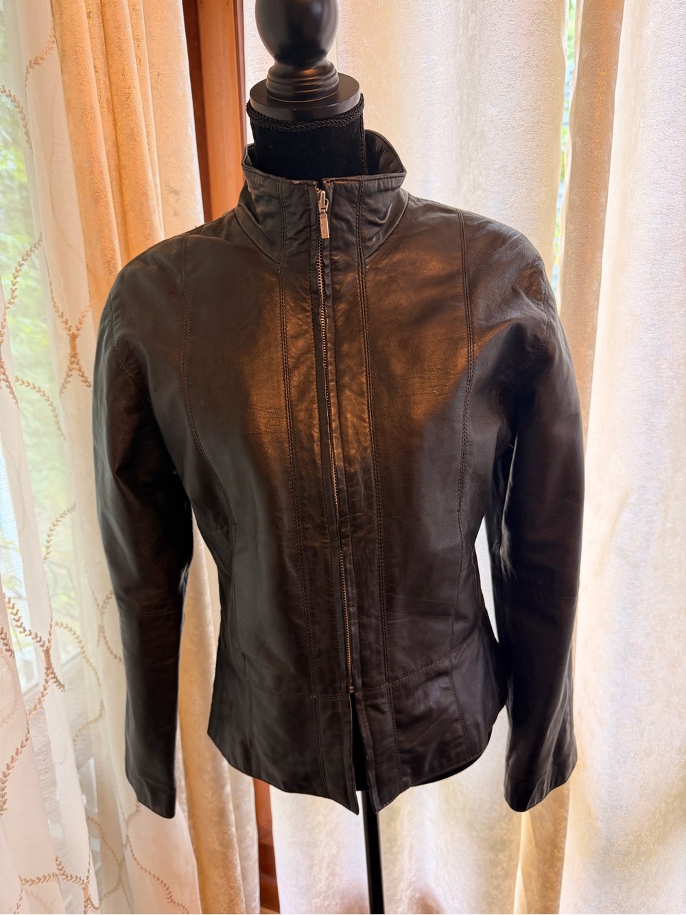 Nicole Miller Black Leather Zip-Front Jacket